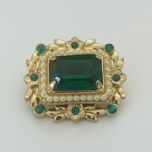 Signed Coro Green Faux Pearl Brooch